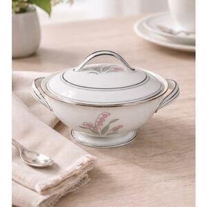 Vintage Noritake Crest Covered Sugar Bowl Japan 5421 Floral Pink Lily Valley